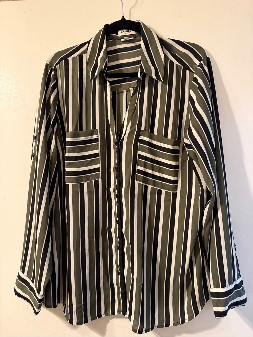 Express Olive, Black & White Vertical Stripe Button-Down Shirt